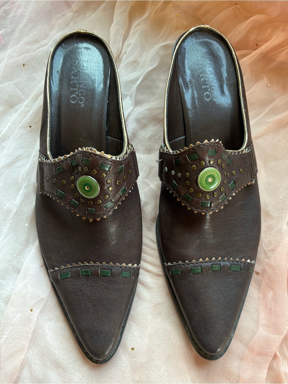 Vintage Franco Sarto Brown Leather Green Embellished Pointed Toe Western Mules